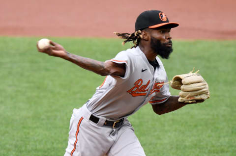 Miguel Castro #50 of the Baltimore Orioles pitches against the Washington Nationals at Oriole Park at Camden Yards on August 14, 2020 in Baltimore, Maryland. The game was a continuation of a suspended game from August 9, 2020. (Photo by G Fiume/Getty Images)