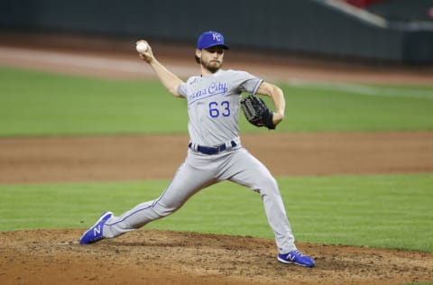 CINCINNATI, OH - AUGUST 12: Josh Staumont #63 of the Kansas City Royals pitches during a game against the Cincinnati Reds at Great American Ball Park on August 12, 2020 in Cincinnati, Ohio. The Royals defeated the Reds 5-4. (Photo by Joe Robbins/Getty Images)