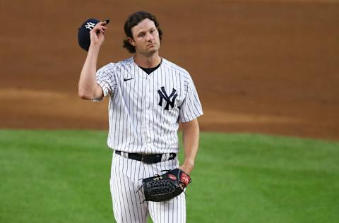 Gerrit Cole #45 of the New York Yankees reacts in the first inning against the Tampa Bay Rays at Yankee Stadium on August 31, 2020 in New York City. (Photo by Mike Stobe/Getty Images)