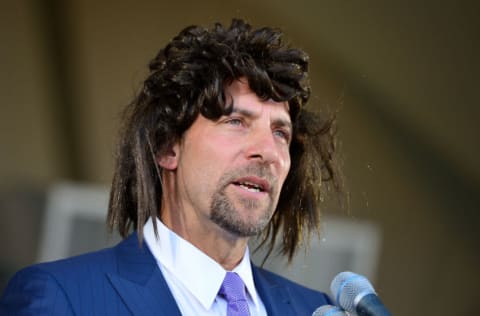 COOPERSTOWN, NY - JULY 26: Hall of Fame inductee John Smoltz speaks while wearing a wig during the Induction Ceremony at National Baseball of Hall of Fame on July 26, 2015 in Cooperstown, New York. (Photo by Jennifer Stewart/Arizona Diamondbacks/Getty Images)