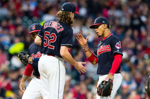 CLEVELAND, OH - MAY 26: Starting pitcher Mike Clevinger #52 celebrates with shortstop Francisco Lindor #12 of the Cleveland Indians as Clevenger leaves the game during the sixth inning against the Kansas City Royals at Progressive Field on May 26, 2017 in Cleveland, Ohio. (Photo by Jason Miller/Getty Images)