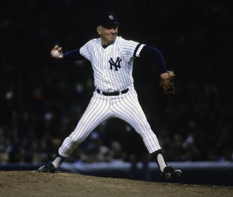 Phil Niekro #35 of the New York Yankees pitches during a MLB game against the Toronto Blue Jays in Yankee Stadium on September 13, 1985 in the Bronx, New York. (Photo by Ronald C. Modra/Getty Images)