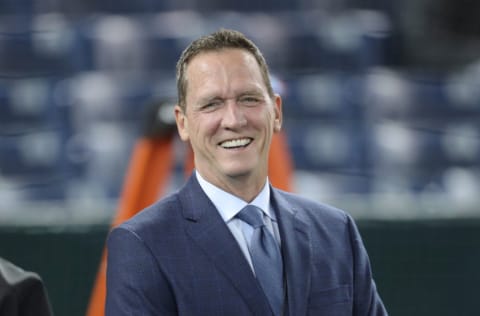 TORONTO, ON - MARCH 30: Former pitcher and YES Network color commentator David Cone laughs during batting practice before the New York Yankees MLB game against the Toronto Blue Jays at Rogers Centre on March 30, 2018 in Toronto, Canada. (Photo by Tom Szczerbowski/Getty Images) *** Local Caption *** David Cone