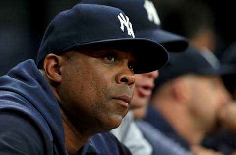 Hitting coach Marcus Thames #62 of the New York Yankees looks on during a game against the Tampa Bay Rays at Tropicana Field on September 24, 2019 in St Petersburg, Florida. (Photo by Mike Ehrmann/Getty Images)