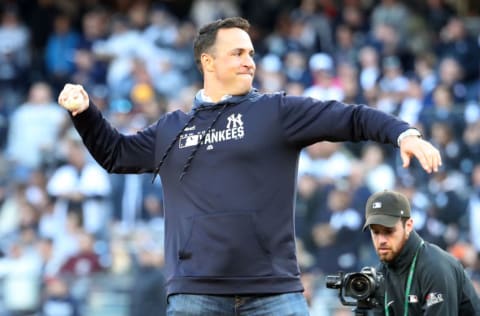 NEW YORK, NEW YORK - OCTOBER 05: Former New York Yankees Mark Teixeira throws out the first pitch prior to game two of the American League Division Series between the New York Yankees and the Minnesota Twins at Yankee Stadium on October 05, 2019 in New York City. (Photo by Al Bello/Getty Images)