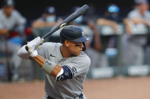 ATLANTA, GA - AUGUST 25: Aaron Judge #99 of the New York Yankees bats in the first inning of game two of the MLB doubleheader against the Atlanta Braves at Truist Park on August 26, 2020 in Atlanta, Georgia. (Photo by Todd Kirkland/Getty Images)