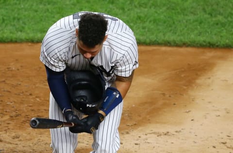 Gary Sanchez #24 of the New York Yankees in action against the Tampa Bay Rays at Yankee Stadium on August 31, 2020 in New York City. Tampa Bay Rays defeated the New York Yankees 5-3. (Photo by Mike Stobe/Getty Images)