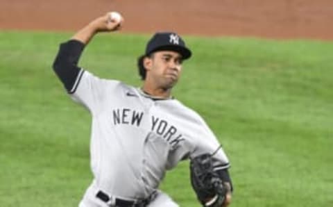 Deivi García #83 of the New York Yankees pitches in the second inning during game two of a doubleheader baseball game against the Baltimore Orioles at Oriole Park at Camden Yards on September 4, 2020 in Baltimore, Maryland. (Photo by Mitchell Layton/Getty Images)