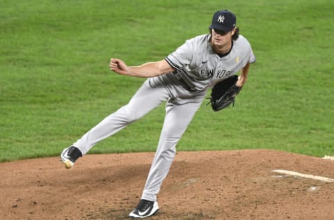 Gerrit Cole #45 of the New York Yankees pitches in the first inning during a baseball game against the Baltimore Orioles at Oriole Park at Camden Yards on September 5, 2020 in Baltimore, Maryland. (Photo by Mitchell Layton/Getty Images)