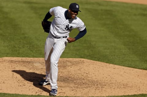 NEW YORK, NY - SEPTEMBER 12: Aroldis Chapman #54 of the New York Yankees reacts after the third out against the Baltimore Orioles during the ninth inning at Yankee Stadium on September 12, 2020 in the Bronx borough of New York City. The Yankees won 2-1. (Photo by Adam Hunger/Getty Images)