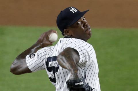 Aroldis Chapman #54 of the New York Yankees in action against the Boston Red Sox at Yankee Stadium on August 17, 2020 in New York City. The Yankees defeated the Red Sox 6-3. (Photo by Jim McIsaac/Getty Images)