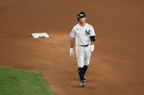 Brett Gardner #11 of the New York Yankees looks on during the fourth inning against the Boston Red Sox at Yankee Stadium on August 14, 2020 in the Bronx borough of New York City. (Photo by Sarah Stier/Getty Images)