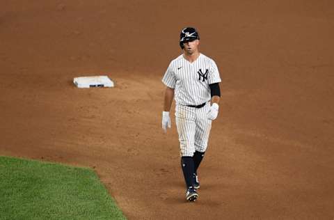 Brett Gardner #11 of the New York Yankees looks on during the fourth inning against the Boston Red Sox at Yankee Stadium on August 14, 2020 in the Bronx borough of New York City. (Photo by Sarah Stier/Getty Images)