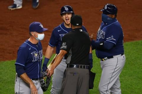 NEW YORK, NEW YORK - SEPTEMBER 01: Michael Brosseau #43 of the Tampa Bay Rays exchanges words with New York Yankees after the final out in the ninth inning at Yankee Stadium on September 01, 2020 in New York City. (Photo by Mike Stobe/Getty Images)