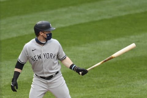 Clint Frazier #77 of the New York Yankees at bat during the fifth inning against the New York Mets at Citi Field on September 03, 2020 in the Queens borough of New York City. (Photo by Sarah Stier/Getty Images)