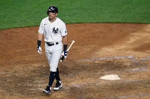 Mike Tauchman #39 of the New York Yankees reacts after striking oyt during the ninth inning against the Tampa Bay Rays at Yankee Stadium on September 02, 2020 in the Bronx borough of New York City. (Photo by Sarah Stier/Getty Images)