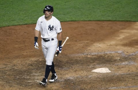 Mike Tauchman #39 of the New York Yankees reacts after striking oyt during the ninth inning against the Tampa Bay Rays at Yankee Stadium on September 02, 2020 in the Bronx borough of New York City. (Photo by Sarah Stier/Getty Images)