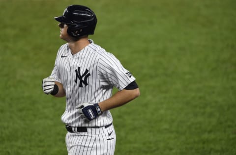 DJ LeMahieu #26 of the New York Yankees looks on during the first inning against the Tampa Bay Rays at Yankee Stadium on September 02, 2020 in the Bronx borough of New York City. (Photo by Sarah Stier/Getty Images)