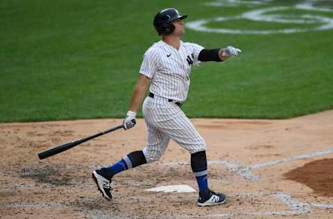 Brett Gardner #11 of the New York Yankees follows through on a swing during the fourth inning of the first game of a doubleheader against the New York Mets at Yankee Stadium on August 28, 2020 in the Bronx borough of New York City. (Photo by Sarah Stier/Getty Images)