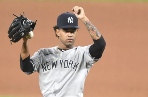 Deivi García #83 of the New York Yankees looks on during game two of a doubleheader baseball game against the Baltimore Orioles at Oriole Park at Camden Yards on September 4, 2020 in Baltimore, Maryland. (Photo by Mitchell Layton/Getty Images)