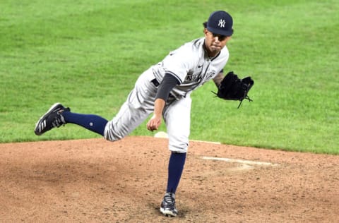 Deivi García #83 of the New York Yankees pitches during game two of a doubleheader baseball game against the Baltimore Orioles at Oriole Park at Camden Yards on September 4, 2020 in Baltimore, Maryland. (Photo by Mitchell Layton/Getty Images)