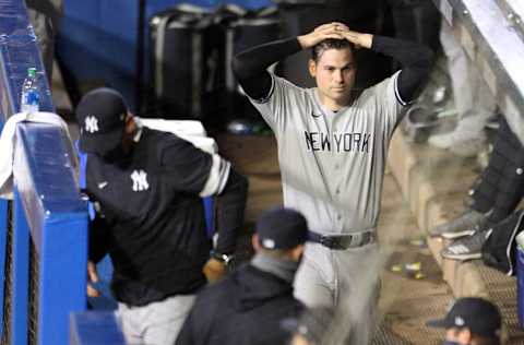 Adam Ottavino #0 of the New York Yankees reacts after giving up six runs, including a grand slam to Danny Jansen #9 of the Toronto Blue Jays, during the sixth inning at Sahlen Field on September 07, 2020 in Buffalo, New York. The Blue Jays are the home team and are playing their home games in Buffalo due to the Canadian government’s policy on coronavirus (COVID-19). (Photo by Bryan M. Bennett/Getty Images)