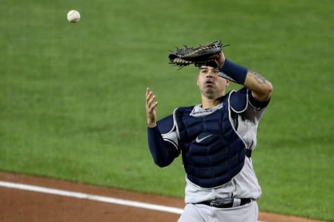 Gary Sanchez #24 of the New York Yankees reacts while dropping a foul ball hit by Cavan Biggio #8 of the Toronto Blue Jays during the fifth inning at Sahlen Field on September 08, 2020 in Buffalo, New York. The Blue Jays are the home team and are playing their home games in Buffalo due to the Canadian government’s policy on coronavirus (COVID-19). (Photo by Bryan M. Bennett/Getty Images)