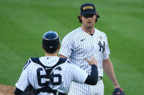 Gerrit Cole #45 of the New York Yankees celebrates after defeating the Baltimore Orioles 6-0 at Yankee Stadium on September 11, 2020 in New York City. (Photo by Mike Stobe/Getty Images)