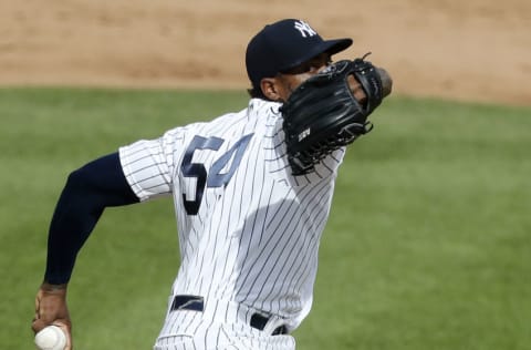 NEW YORK, NEW YORK - SEPTEMBER 13: Aroldis Chapman #54 of the New York Yankees in action against the Baltimore Orioles at Yankee Stadium on September 13, 2020 in New York City. The Yankees defeated the Orioles 3-1. (Photo by Jim McIsaac/Getty Images)