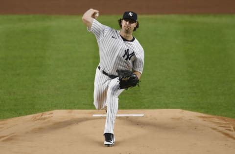 NEW YORK, NEW YORK - SEPTEMBER 16: Gerrit Cole #45 of the New York Yankees pitches during the first inning against the Toronto Blue Jays at Yankee Stadium on September 16, 2020 in the Bronx borough of New York City. (Photo by Sarah Stier/Getty Images)