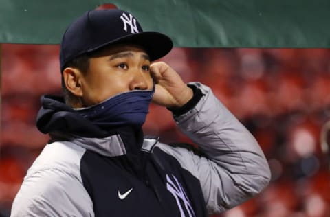 Masahiro Tanaka #19 of the New York Yankees looks on during the second inning of the game between the Boston Red Sox and the New York Yankees at Fenway Park on September 18, 2020 in Boston, Massachusetts. (Photo by Maddie Meyer/Getty Images)