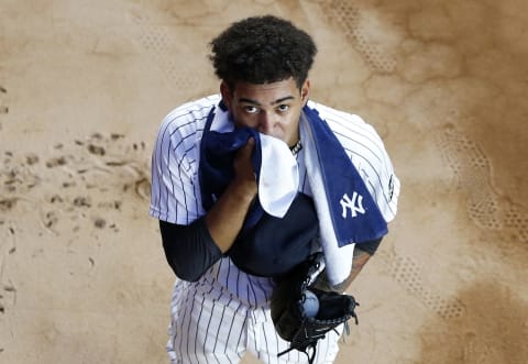 Deivi Garcia #83 of the New York Yankees prepares for a game against the Toronto Blue Jays at Yankee Stadium on September 15, 2020 in New York City. The Yankees defeated the Blue Jays 20-6. (Photo by Jim McIsaac/Getty Images)