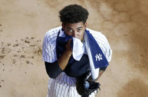 Deivi Garcia #83 of the New York Yankees prepares for a game against the Toronto Blue Jays at Yankee Stadium on September 15, 2020 in New York City. The Yankees defeated the Blue Jays 20-6. (Photo by Jim McIsaac/Getty Images)