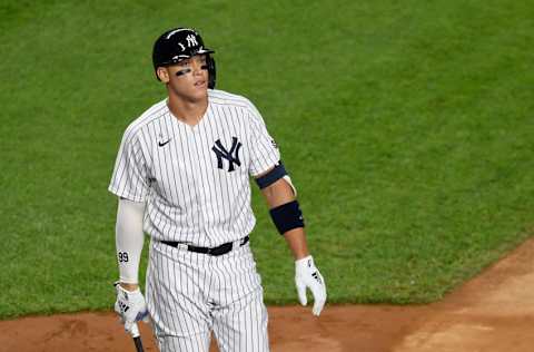 NEW YORK, NEW YORK - SEPTEMBER 16: Aaron Judge #99 of the New York Yankees looks on during the sixth inning against the Toronto Blue Jays at Yankee Stadium on September 16, 2020 in the Bronx borough of New York City. (Photo by Sarah Stier/Getty Images)