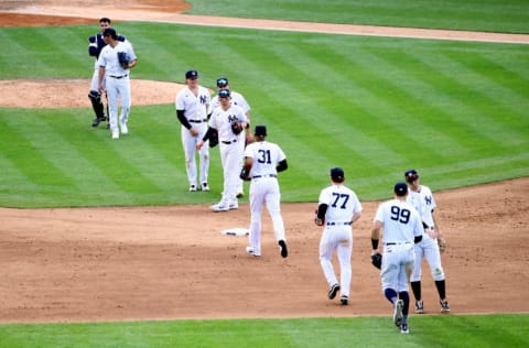 NEW YORK, NEW YORK - SEPTEMBER 26: The New York Yankees celebrate their 11-4 win against the Miami Marlins at Yankee Stadium on September 26, 2020 in New York City. (Photo by Al Bello/Getty Images)