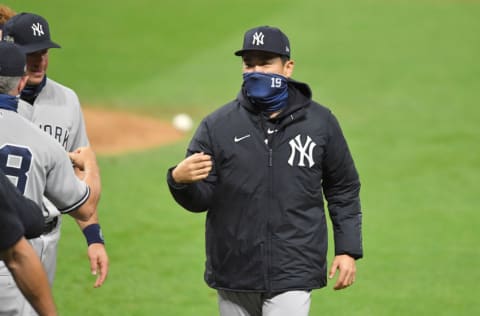 CLEVELAND, OHIO - SEPTEMBER 29: Masahiro Tanaka #19 of the New York Yankees celebrates with teammates after the Yankees defeated the Cleveland Indians during Game One of the American League Wild Card Series at Progressive Field on September 29, 2020 in Cleveland, Ohio. The Yankees defeated the Indians 12-3. (Photo by Jason Miller/Getty Images)