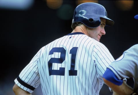 16 Apr 2000: Paul O”Neill #21 of the New York Yankees stands on a base as he look on during a game against the Kansas City Royals at Yankee Stadium in Bronx, New York. The Yankees defeated the Royals 8-4. Mandatory Credit: David Leeds /Allsport