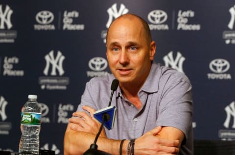 NEW YORK, NY - JULY 31: (NEW YORK DAILIES OUT) General manager Brian Cashman speaks to the media prior to a game against the Detroit Tigers at Yankee Stadium on July 31, 2017 in the Bronx borough of New York City. The Yankees defeated the Tigers 7-3. (Photo by Jim McIsaac/Getty Images)