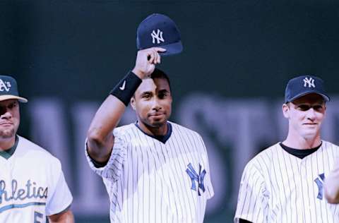 BOSTON - JULY 13: Bernie Williams of the American League waves to fans as he's introduced before the 1999 All -Star Home Game at Fenway Park on July 13,1999 in Boston, Massachusetts. The American League defeated the National League 4-1. (Photo by Brian Bahr/Getty Images)