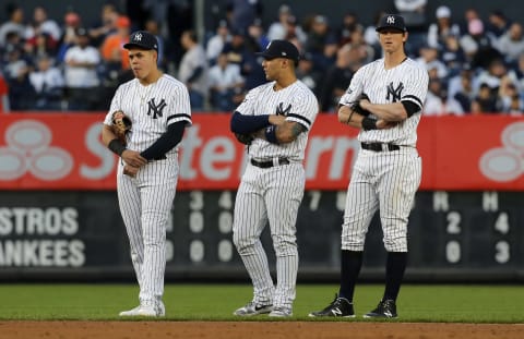 Gio Urshela #29, Gleyber Torres #25 and DJ LeMahieu #26 of the New York Yankees (Photo by Jim McIsaac/Getty Images)