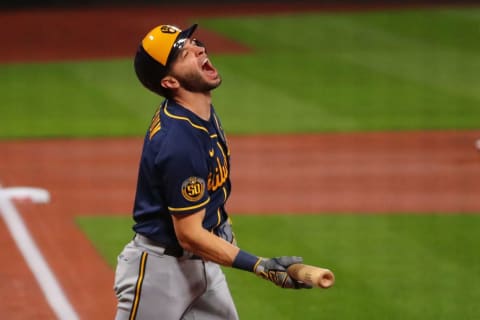 ST LOUIS, MO – SEPTEMBER 24: Ryan Braun #8 of the Milwaukee Brewers reacts after fouling a pitch off of his leg against the St. Louis Cardinals in the first inning at Busch Stadium on September 24, 2020 in St Louis, Missouri. (Photo by Dilip Vishwanat/Getty Images)