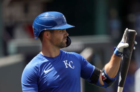 KANSAS CITY, MISSOURI - JULY 09: Whit Merrifield #15 takes batting practice during Kansas City Royals summer workouts at Kauffman Stadium on July 09, 2020 in Kansas City, Missouri. (Photo by Jamie Squire/Getty Images)