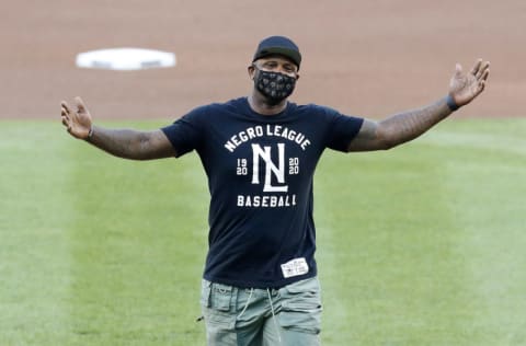 NEW YORK, NEW YORK - JULY 31: (NEW YORK DAILIES OUT) Former New York Yankee CC Sabathia reacts after throwing out the ceremonial first pitch before the Yankees home opener against the Boston Red Sox at Yankee Stadium on July 31, 2020 in New York City. The Yankees defeated the Red Sox 5-1. (Photo by Jim McIsaac/Getty Images)