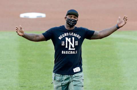 NEW YORK, NEW YORK - JULY 31: (NEW YORK DAILIES OUT) Former New York Yankee CC Sabathia reacts after throwing out the ceremonial first pitch before the Yankees home opener against the Boston Red Sox at Yankee Stadium on July 31, 2020 in New York City. The Yankees defeated the Red Sox 5-1. (Photo by Jim McIsaac/Getty Images)