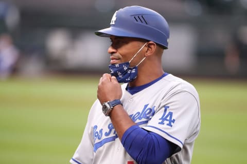 First Base Coach George Lombard #92 of the Los Angeles Dodgers (Photo by Abbie Parr/Getty Images)