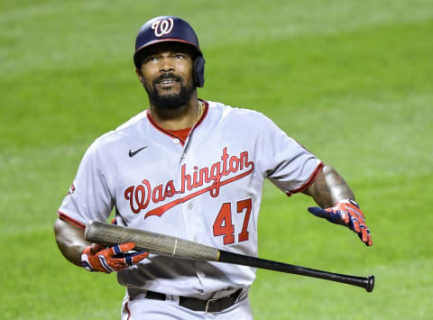 NEW YORK, NEW YORK – AUGUST 11: Howie Kendrick #47 of the Washington Nationals reacts against the New York Mets at Citi Field on August 11, 2020 in New York City. (Photo by Steven Ryan/Getty Images)