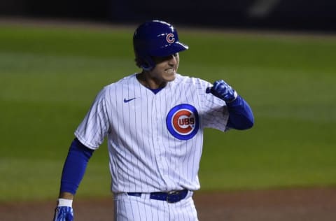 CHICAGO, ILLINOIS - SEPTEMBER 15: Anthony Rizzo #44 of the Chicago Cubs reacts after his RBI double in the fifth inning against the Cleveland Indians at Wrigley Field on September 15, 2020 in Chicago, Illinois. (Photo by Quinn Harris/Getty Images)