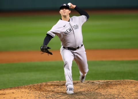 BOSTON, MASSACHUSETTS – SEPTEMBER 18: Zack Britton #53 of the New York Yankees pitches against the Boston Red Sox during the eighth inning at Fenway Park on September 18, 2020 in Boston, Massachusetts. (Photo by Maddie Meyer/Getty Images)