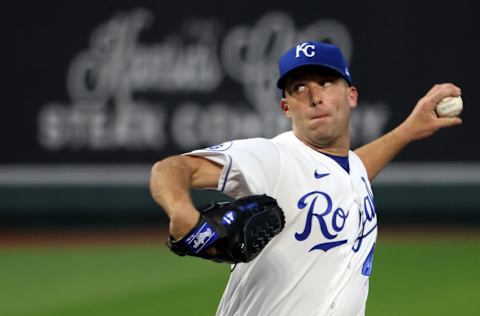 KANSAS CITY, MISSOURI - SEPTEMBER 23: Starting pitcher Danny Duffy #41 of the Kansas City Royals pitches during the 1st inning of the game against the St. Louis Cardinals at Kauffman Stadium on September 23, 2020 in Kansas City, Missouri. (Photo by Jamie Squire/Getty Images)