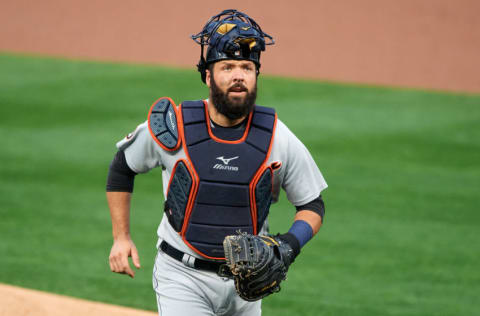 MINNEAPOLIS, MINNESOTA - SEPTEMBER 22: Austin Romine #7 of the Detroit Tigers looks on during the game against the Minnesota Twins at Target Field on September 22, 2020 in Minneapolis, Minnesota. The Twins defeated the Tigers 5-4 in ten innings. (Photo by Hannah Foslien/Getty Images)